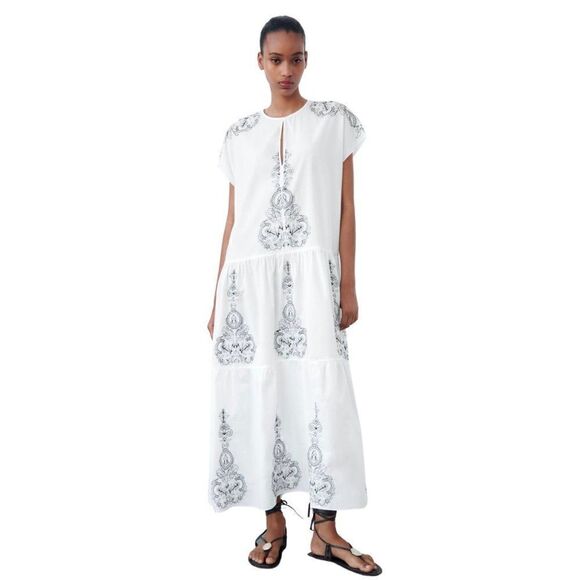 EUC Zara White Black Embroidered Midi Kaftan Dress - Picture 1 of 7